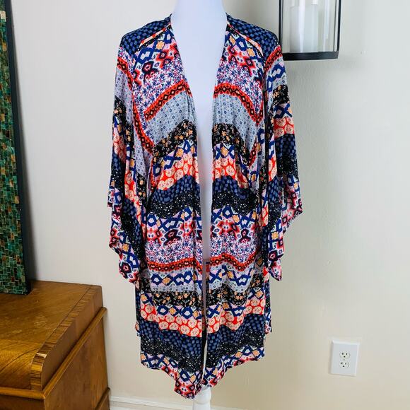 PaoLino Size L Geometric Print Kimono Cardigan Open Front Cover Up Boho - Picture 3 of 9